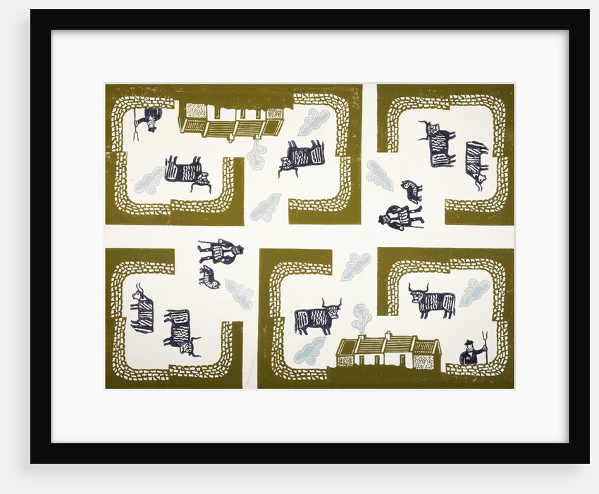 Design for Wrapping Paper (Farm with Highland Cattle) by Edward Bawden